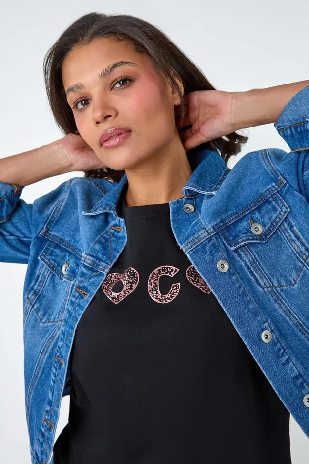Black Metallic Foil Print Stretch TShirt Women Roman Tops