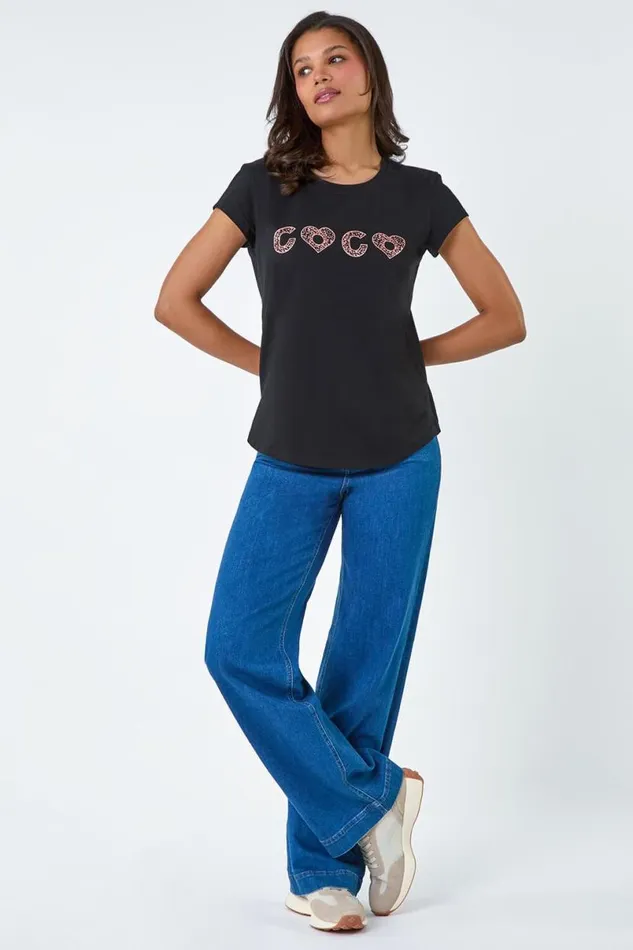 Black Metallic Foil Print Stretch TShirt Women Roman Tops