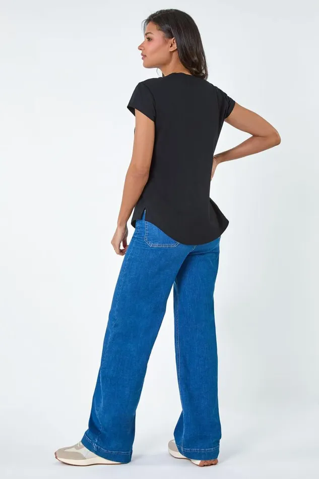 Black Metallic Foil Print Stretch TShirt Women Roman Tops
