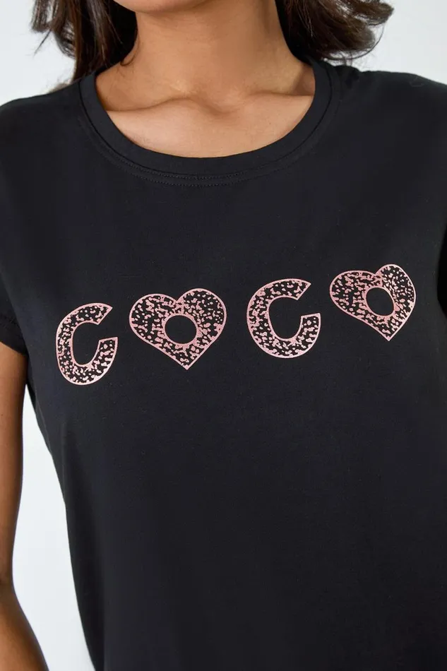 Black Metallic Foil Print Stretch TShirt Women Roman Tops