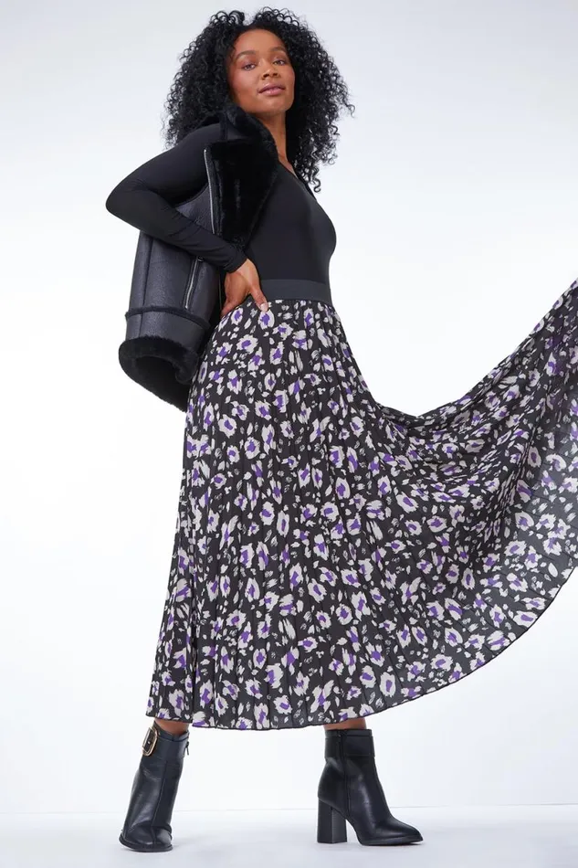 Black Petite Animal Print Pleated Skirt Women Roman Skirts