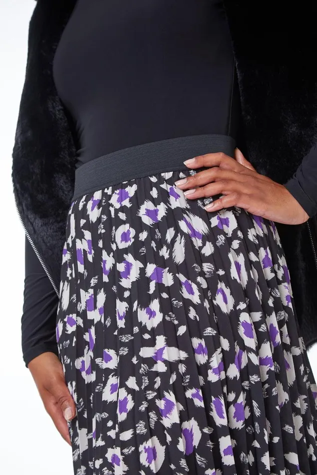 Black Petite Animal Print Pleated Skirt Women Roman Skirts