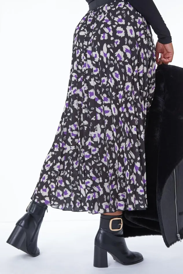 Black Petite Animal Print Pleated Skirt Women Roman Skirts