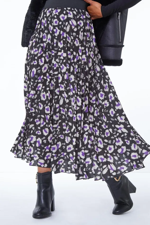 Black Petite Animal Print Pleated Skirt Women Roman Skirts
