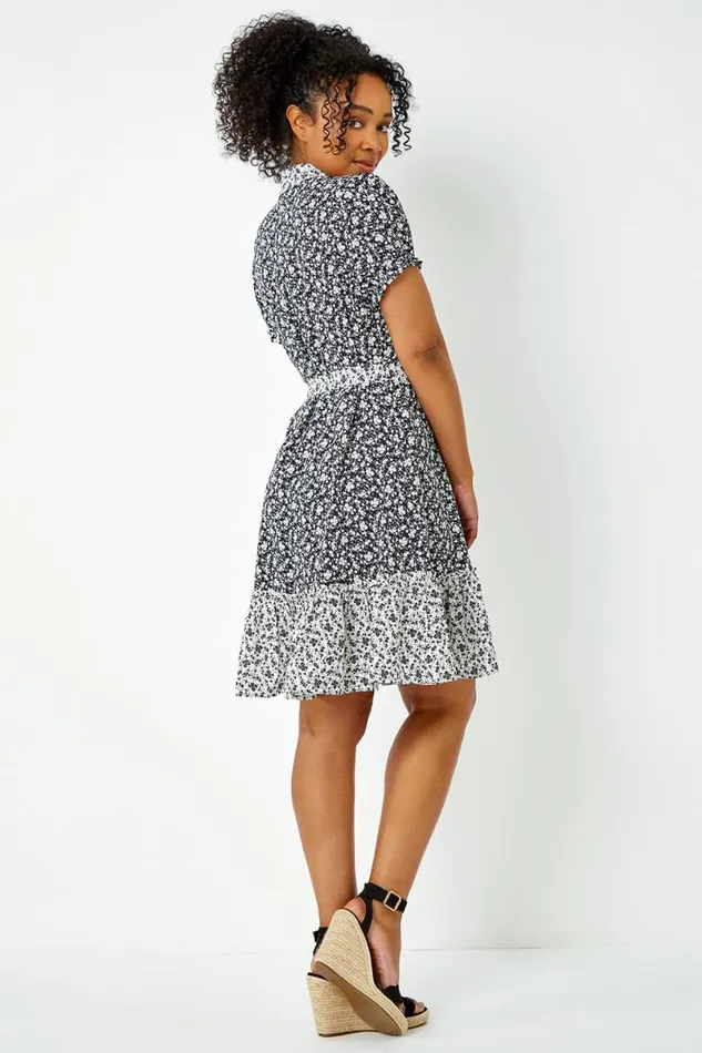 Black Petite Ditsy Floral Shirt Dress Women Roman Dresses