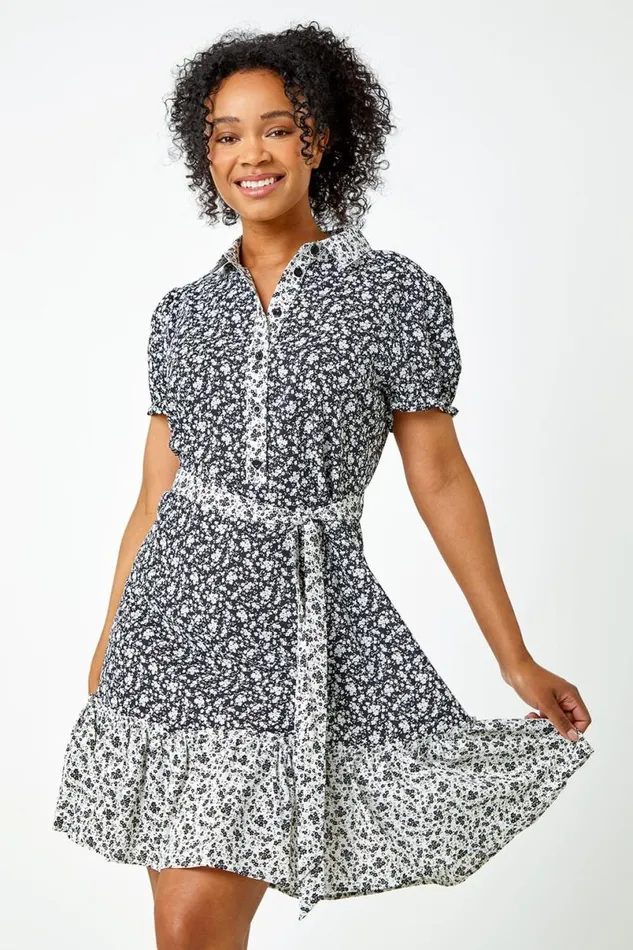 Black Petite Ditsy Floral Shirt Dress Women Roman Dresses