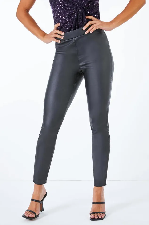 Black Petite Faux Leather Pull On Trousers Women Roman Trousers