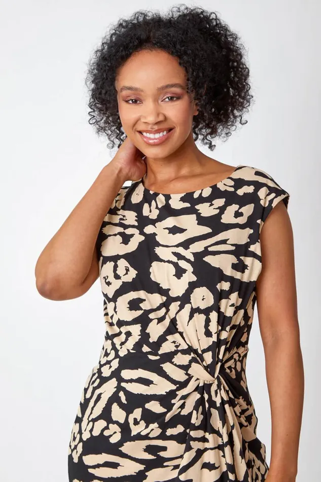 Black Petite Leopard Print Side Knot Ruched Dress Women Roman Dresses