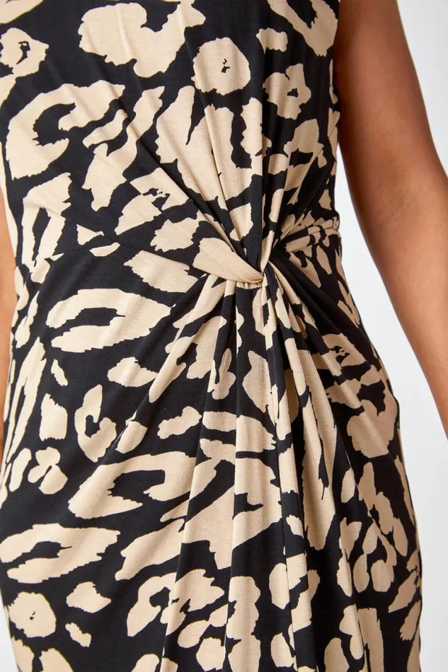 Black Petite Leopard Print Side Knot Ruched Dress Women Roman Dresses