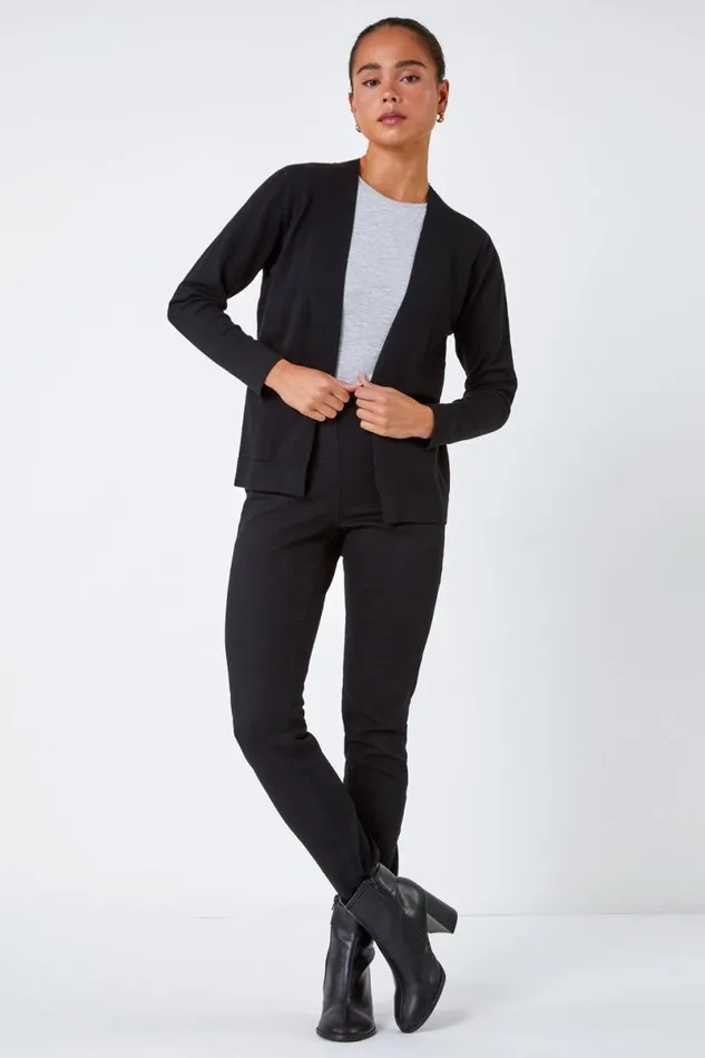 Black Petite Plain Stretch Cardigan Women Roman Knitwear
