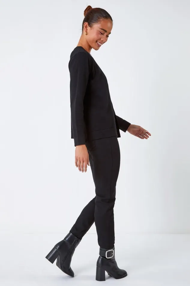 Black Petite Plain Stretch Cardigan Women Roman Knitwear