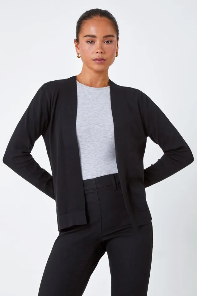 Black Petite Plain Stretch Cardigan Women Roman Knitwear