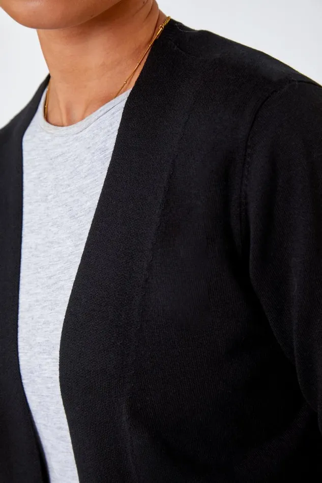 Black Petite Plain Stretch Cardigan Women Roman Knitwear