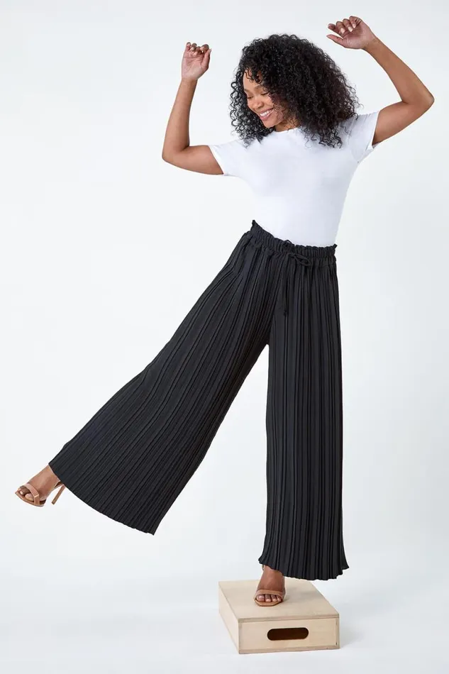 Black Petite Pleated Elastic Waist Wide Leg Trousers Women Roman Trousers