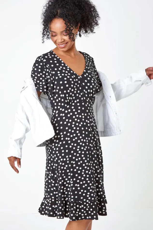 Black Petite Polka Dot Frill Hem Stretch Dress Women Roman Dresses