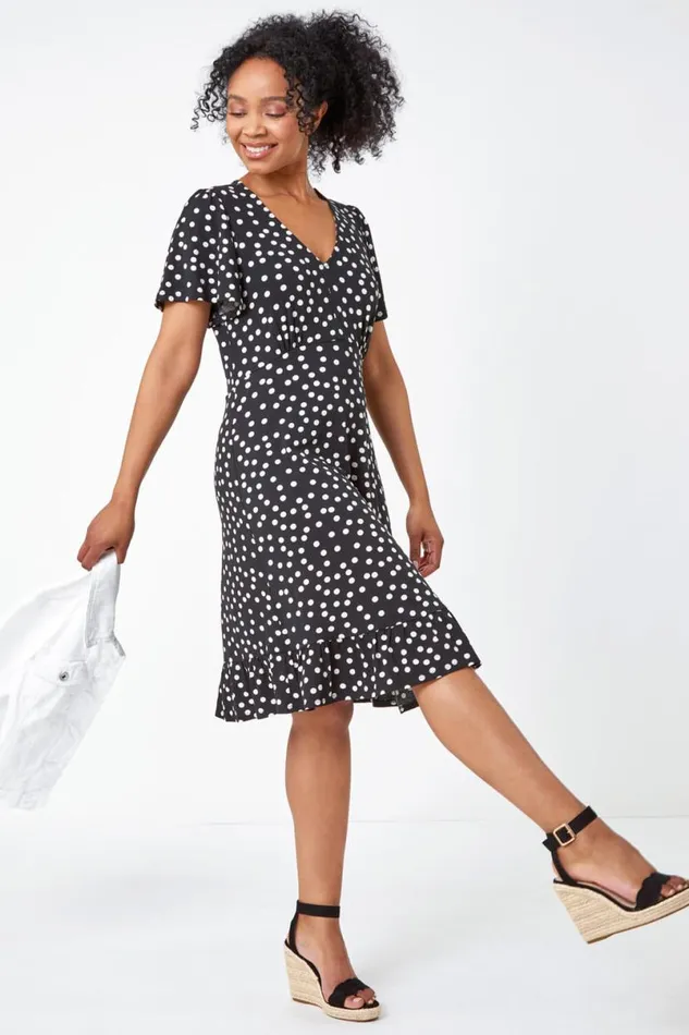 Black Petite Polka Dot Frill Hem Stretch Dress Women Roman Dresses