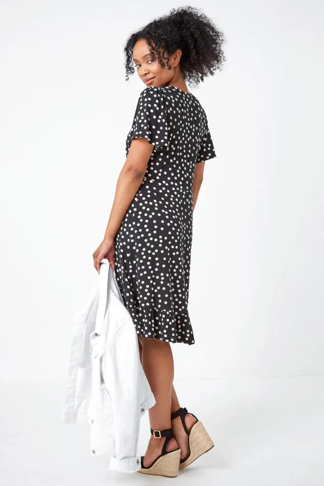 Black Petite Polka Dot Frill Hem Stretch Dress Women Roman Dresses