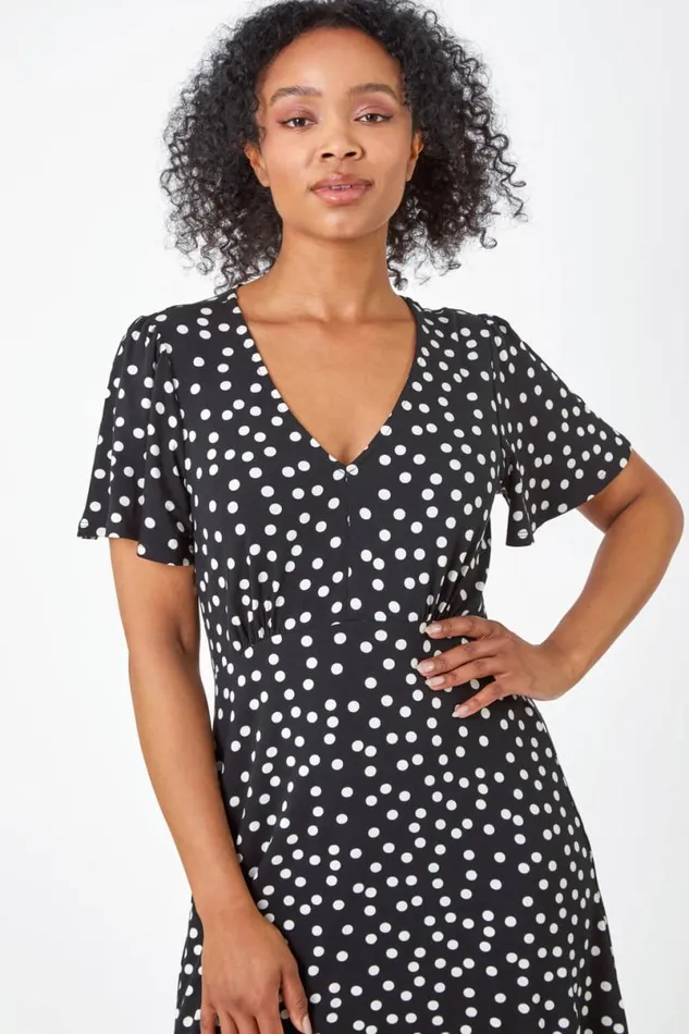 Black Petite Polka Dot Frill Hem Stretch Dress Women Roman Dresses