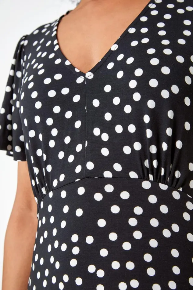 Black Petite Polka Dot Frill Hem Stretch Dress Women Roman Dresses