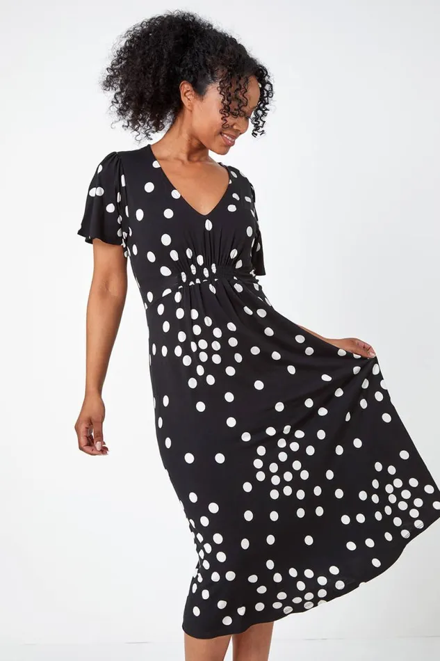 Black Petite Polka Dot Stretch Midi Dress Women Roman Dresses