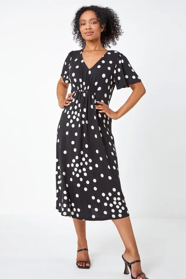 Black Petite Polka Dot Stretch Midi Dress Women Roman Dresses