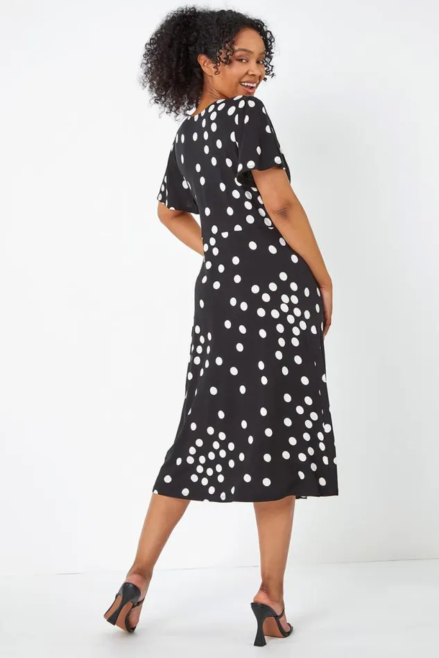 Black Petite Polka Dot Stretch Midi Dress Women Roman Dresses