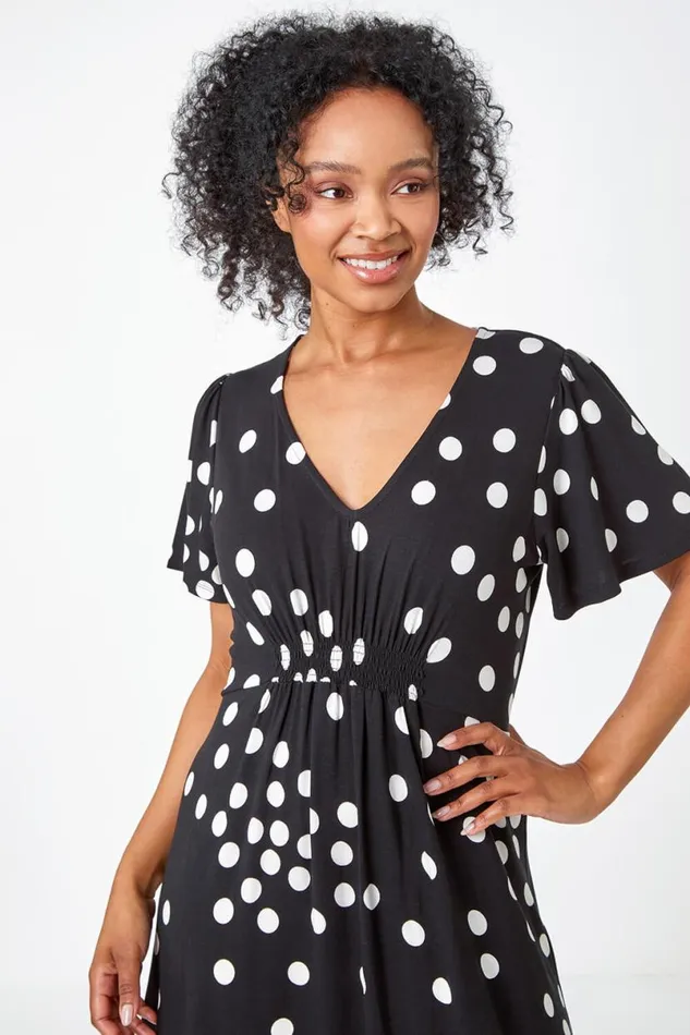 Black Petite Polka Dot Stretch Midi Dress Women Roman Dresses
