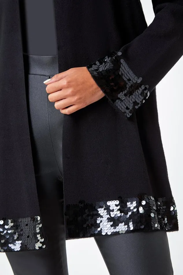 Black Petite Sequin Trim Longline Cardigan Women Roman Knitwear