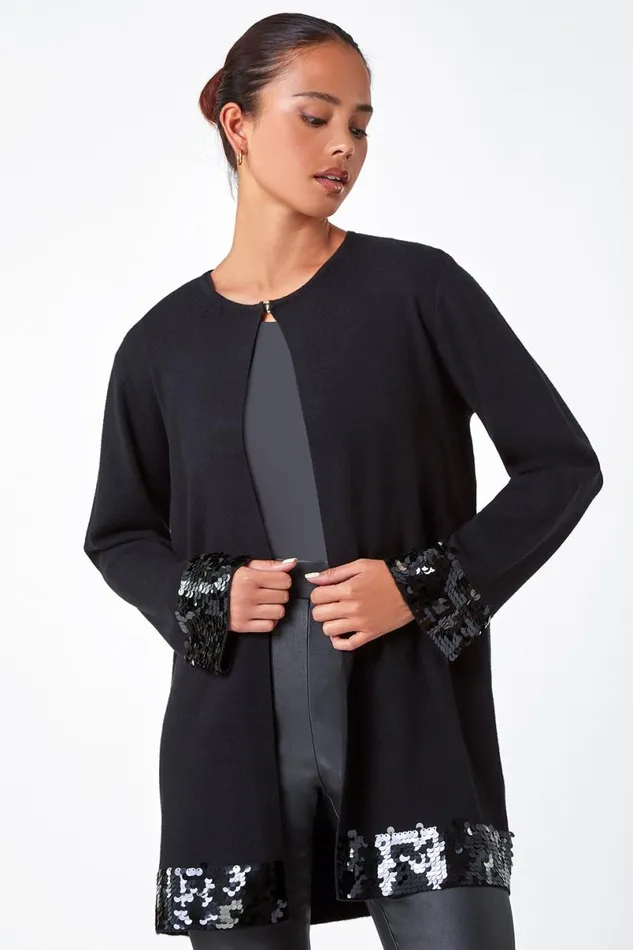 Black Petite Sequin Trim Longline Cardigan Women Roman Knitwear