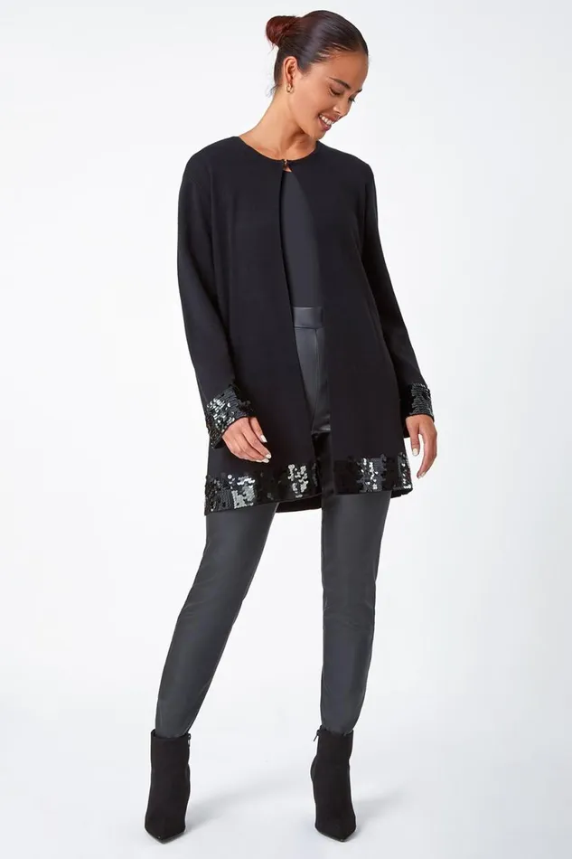 Black Petite Sequin Trim Longline Cardigan Women Roman Knitwear