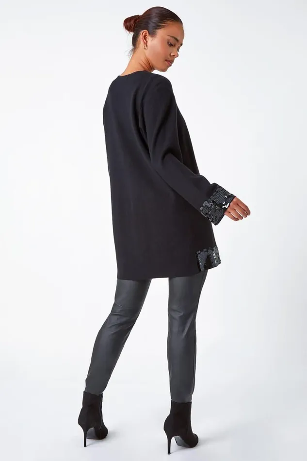 Black Petite Sequin Trim Longline Cardigan Women Roman Knitwear