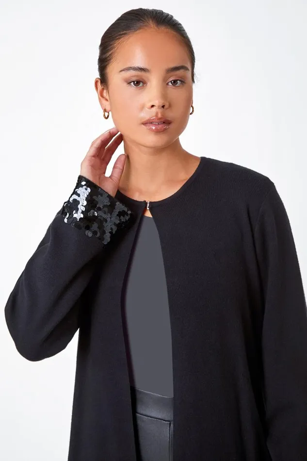 Black Petite Sequin Trim Longline Cardigan Women Roman Knitwear