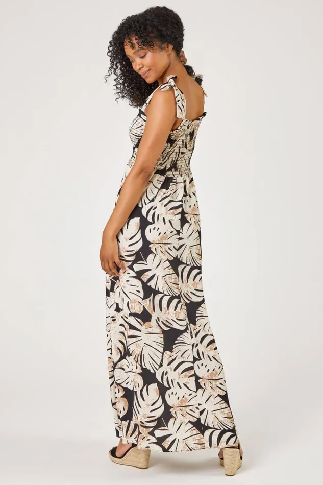 Black Petite Tropical Print Shirred Maxi Dress Women Roman Dresses