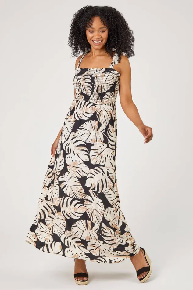 Black Petite Tropical Print Shirred Maxi Dress Women Roman Dresses