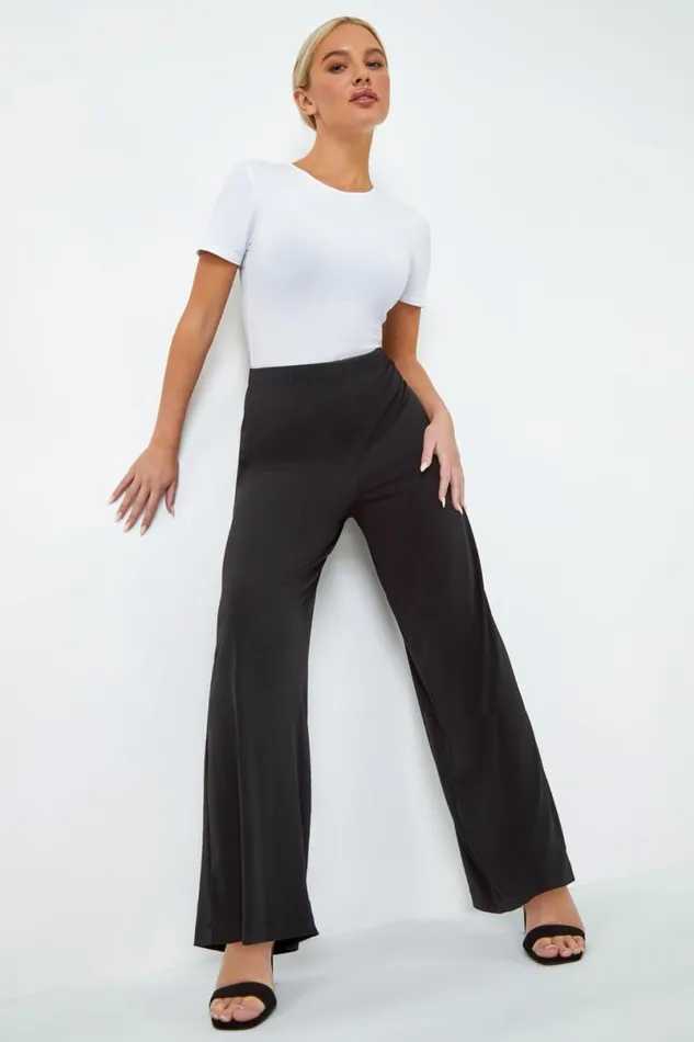 Black Petite Wide Leg Stretch Trouser Women Roman Trousers