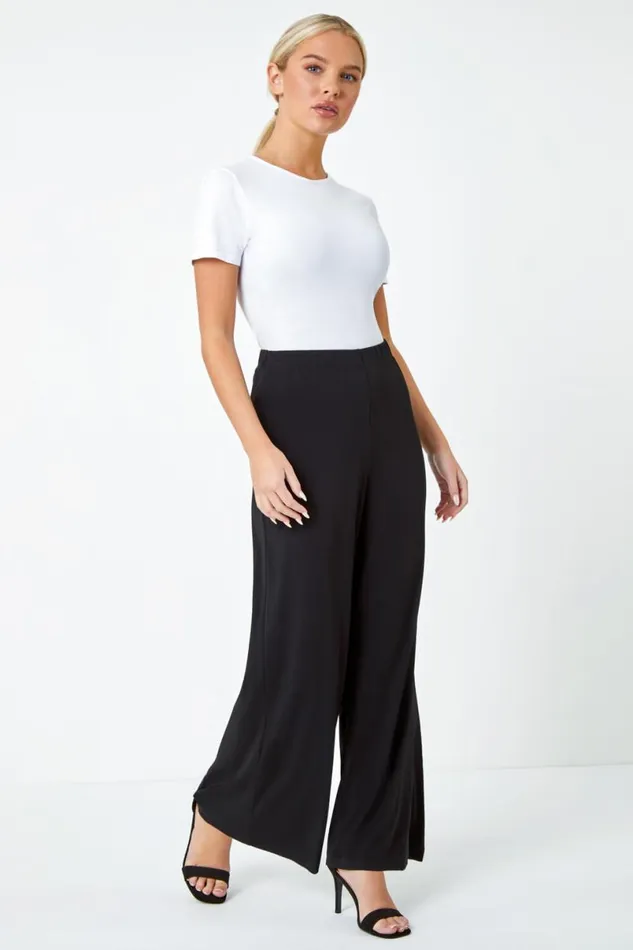 Black Petite Wide Leg Stretch Trouser Women Roman Trousers