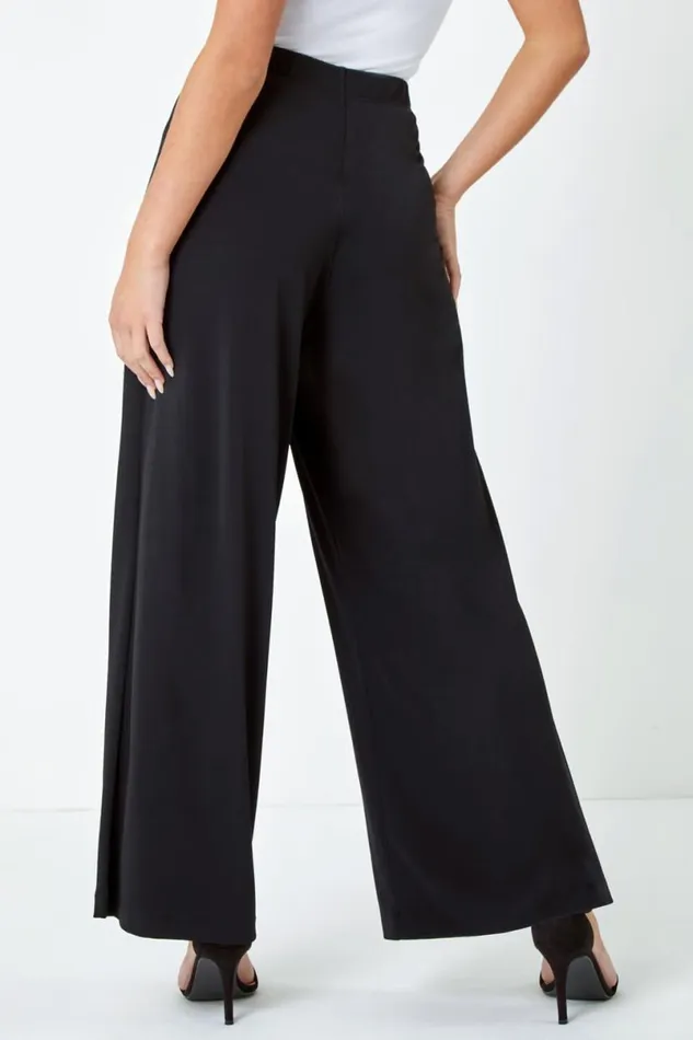 Black Petite Wide Leg Stretch Trouser Women Roman Trousers