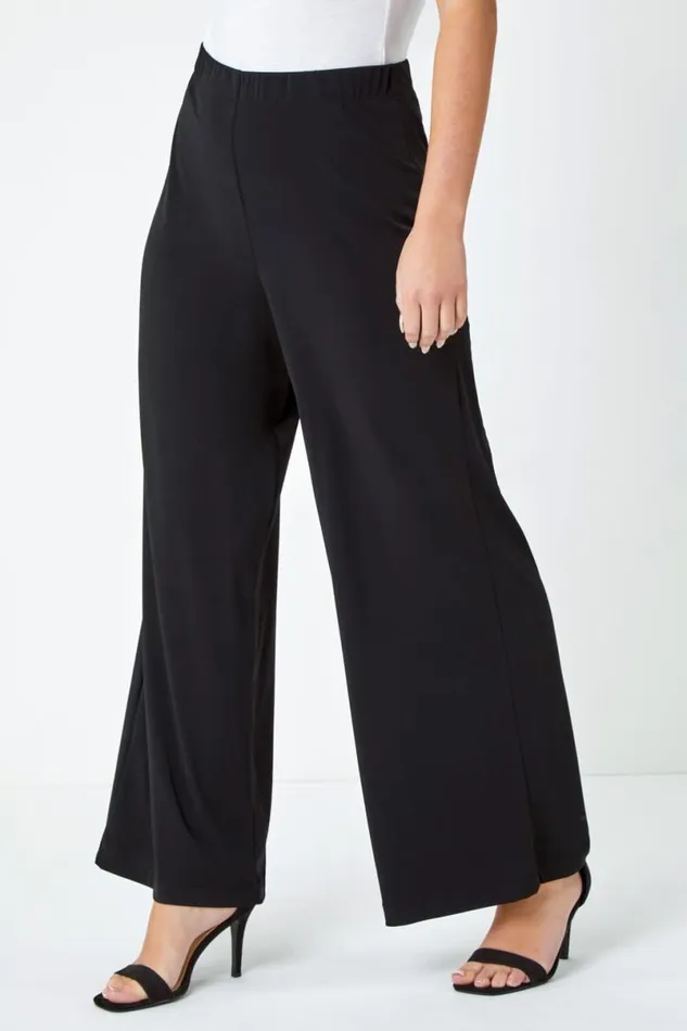 Black Petite Wide Leg Stretch Trouser Women Roman Trousers