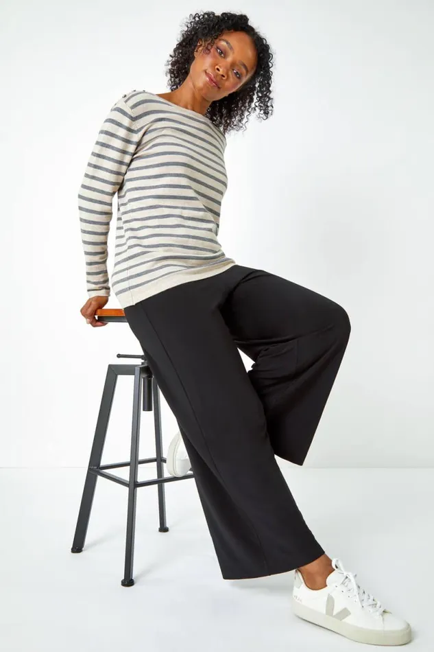 Black Petite Wide Leg Stretch Trouser Women Roman Trousers
