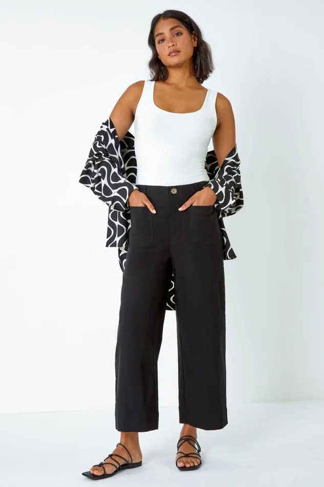 Black Pocket Detail Cropped Stretch Culottes Women Roman Trousers