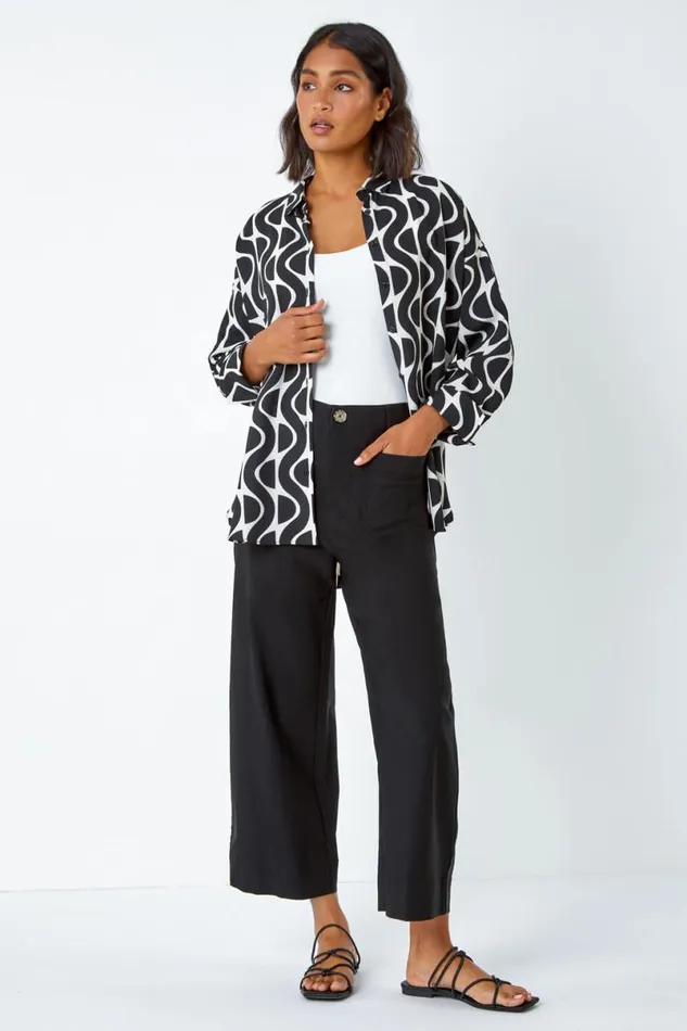 Black Pocket Detail Cropped Stretch Culottes Women Roman Trousers