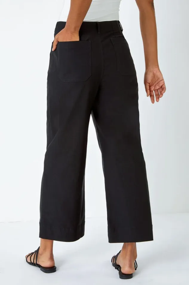 Black Pocket Detail Cropped Stretch Culottes Women Roman Trousers