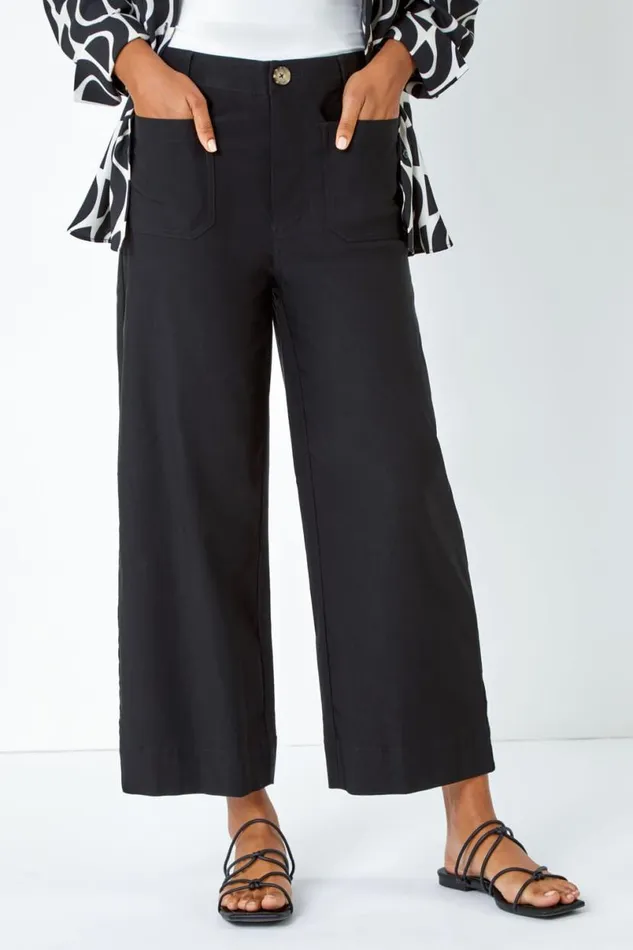 Black Pocket Detail Cropped Stretch Culottes Women Roman Trousers