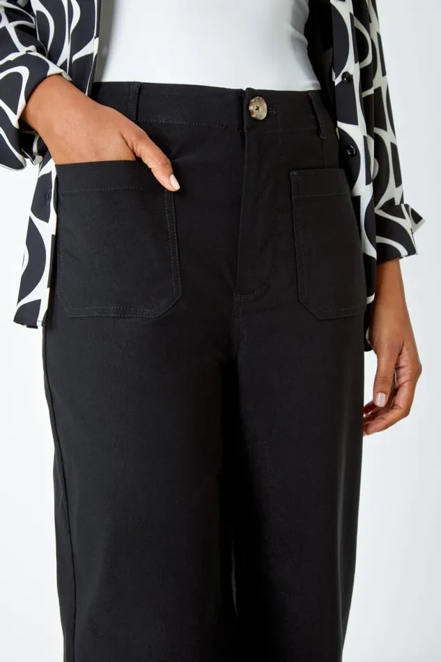 Black Pocket Detail Cropped Stretch Culottes Women Roman Trousers