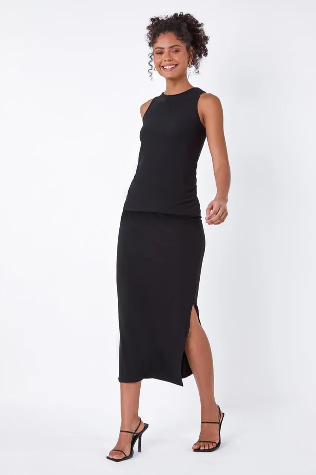 Black Ruched Detail Stretch Vest Top Women Roman Tops