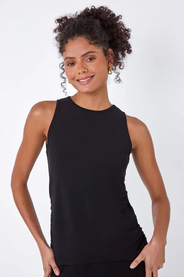 Black Ruched Detail Stretch Vest Top Women Roman Tops