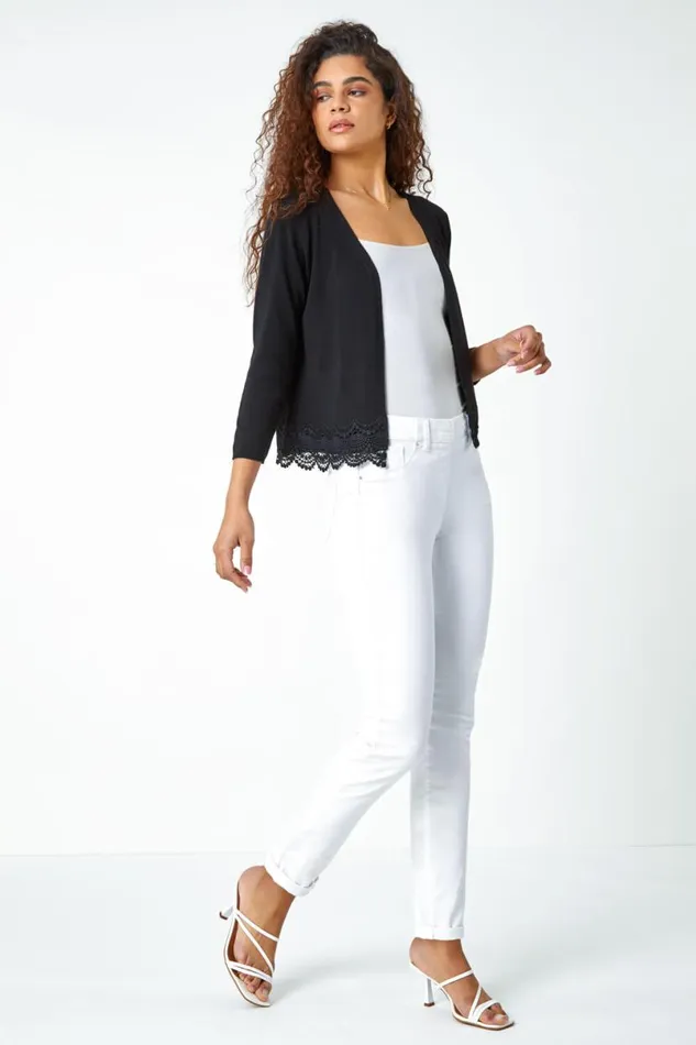 Black Scalloped Lace Trim Knitted Shrug Women Roman Knitwear