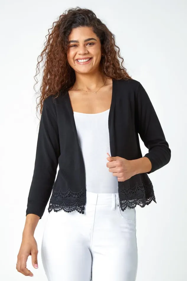 Black Scalloped Lace Trim Knitted Shrug Women Roman Knitwear