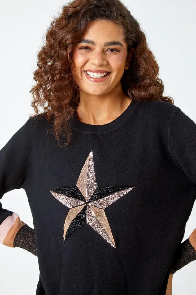 Black Sequin Embellished Star Print Jumper Women Roman Knitwear