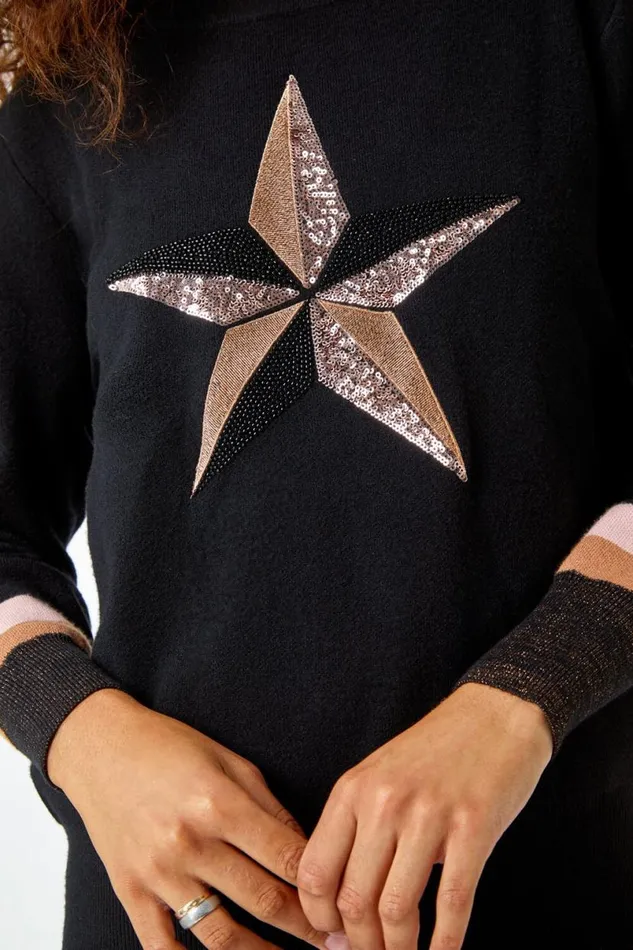 Black Sequin Embellished Star Print Jumper Women Roman Knitwear